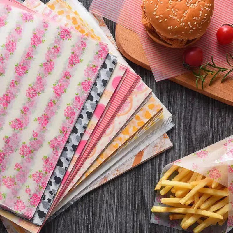Papier ciré de qualité alimentaire, 50 pièces/lot, papier de graisse, emballages alimentaires, papier d'emballage pour pain, Sandwich, hamburger, frites, papier huilé, outils de cuisson
