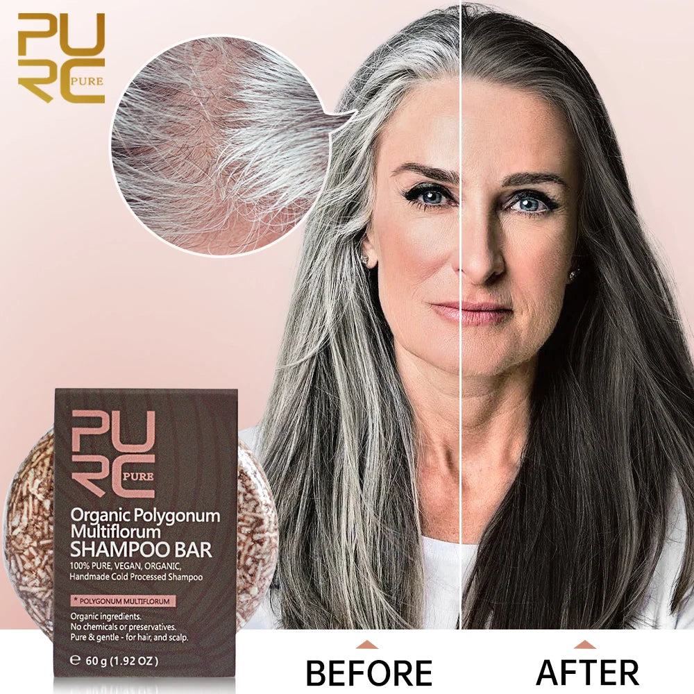 PURC-Shampoing en Polygonum pour Cheveux Gris et Blanc, Barre de Traitement du Cuir oral elu, au Charbon de Bambou de Regina, Solide, 60g