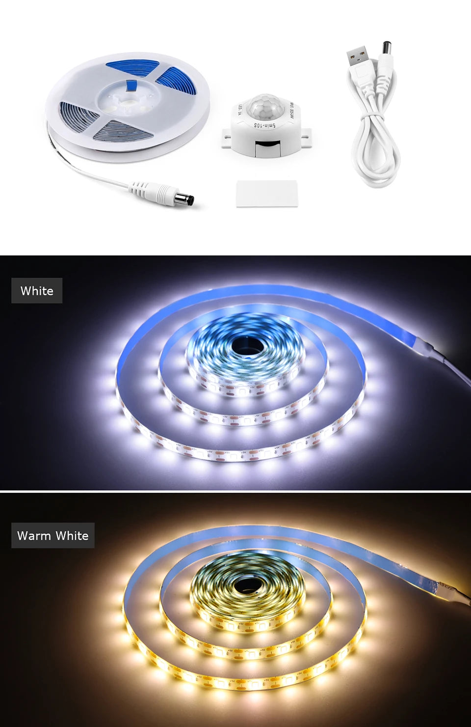 Bande lumineuse LED USB 5V, étanche, SMD2835, avec capteur de mouvement PIR sensible, temps de retard réglable pour cuisine, chambre à coucher, couloir
