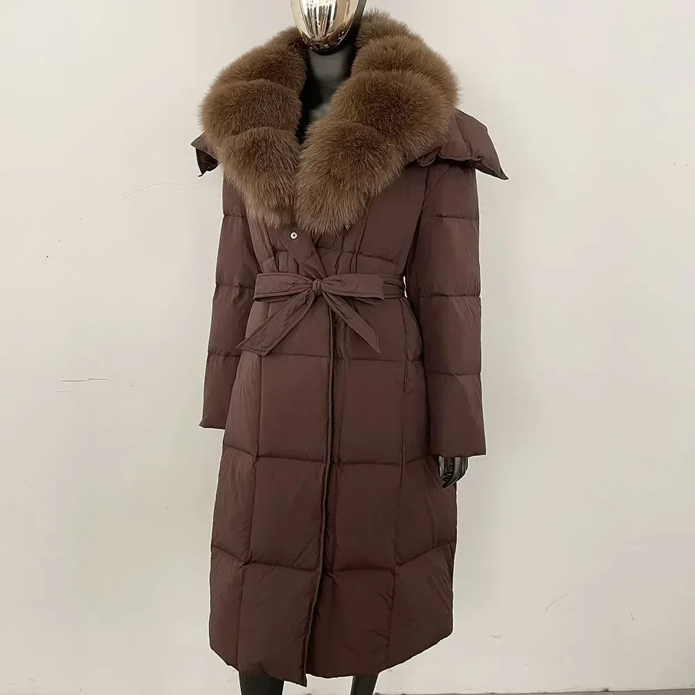 Veste d'hiver chaude et élégante pour femme, avec ceinture à capuche, simple boutonnage, col en vraie fourrure de renard, manteau épais et ample en duvet de canard blanc