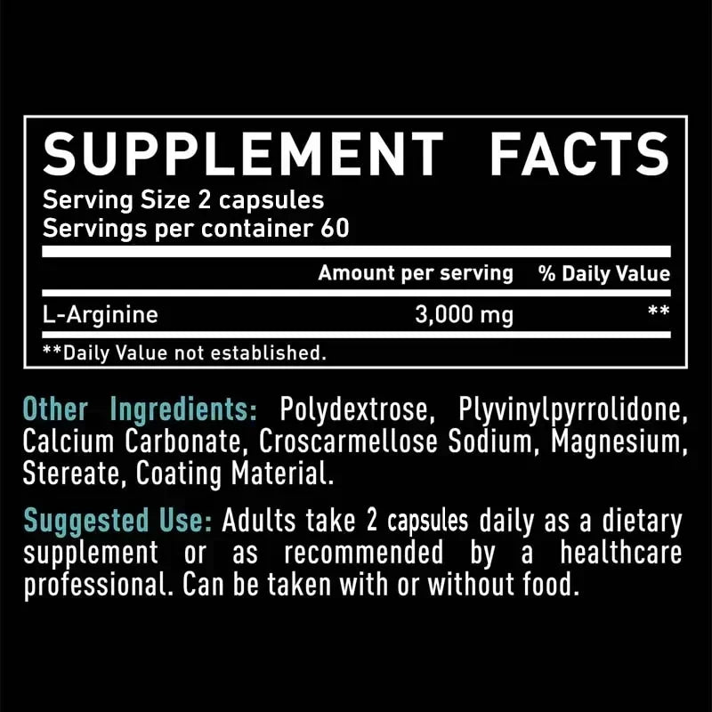 Capsules L-Arginine – Améliore l'énergie, l'endurance, les performances, soutient la croissance musculaire, améliore la circulation sanguine, le système immunitaire