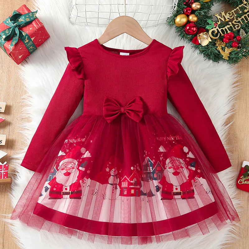 Robe de noël pour filles, tenue de princesse en Tulle à manches longues, imprimé père noël, robe de soirée pour enfants de 4 à 8 ans, automne hiver 2025