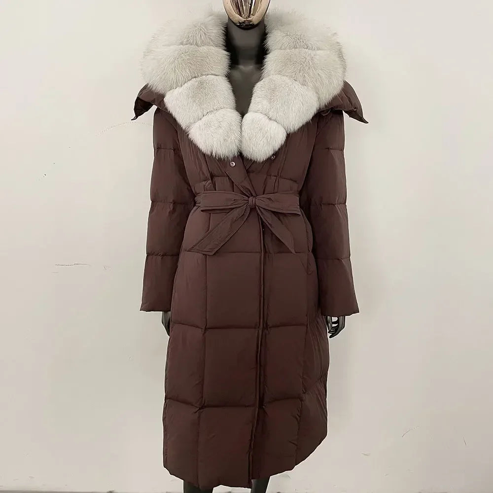 Veste d'hiver chaude et élégante pour femme, avec ceinture à capuche, simple boutonnage, col en vraie fourrure de renard, manteau épais et ample en duvet de canard blanc