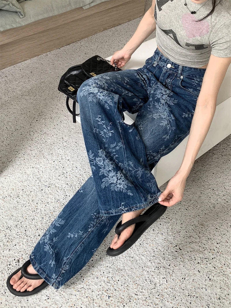 2025 Premium Y2K Jeans - Pantalon Palazzo en Denim vieilli imprimé floral artistique décontracté à jambe droite 2664
