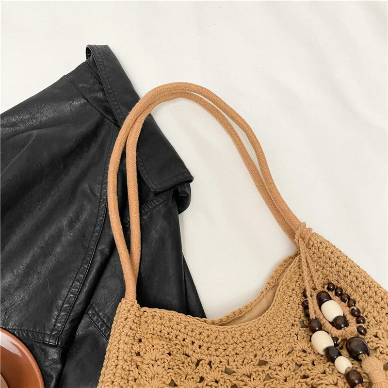 Sac à main tissé de grande capacité, sac à bandoulière ajouré, fourre-tout en Crochet, fourre-tout bohème tissé pour femmes, sacs de Shopping tricotés