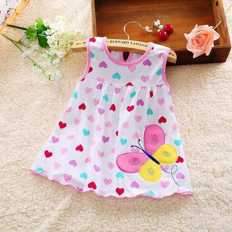 Summer dresses for baby girls, in cotton, sleeveless, printed + embroidered