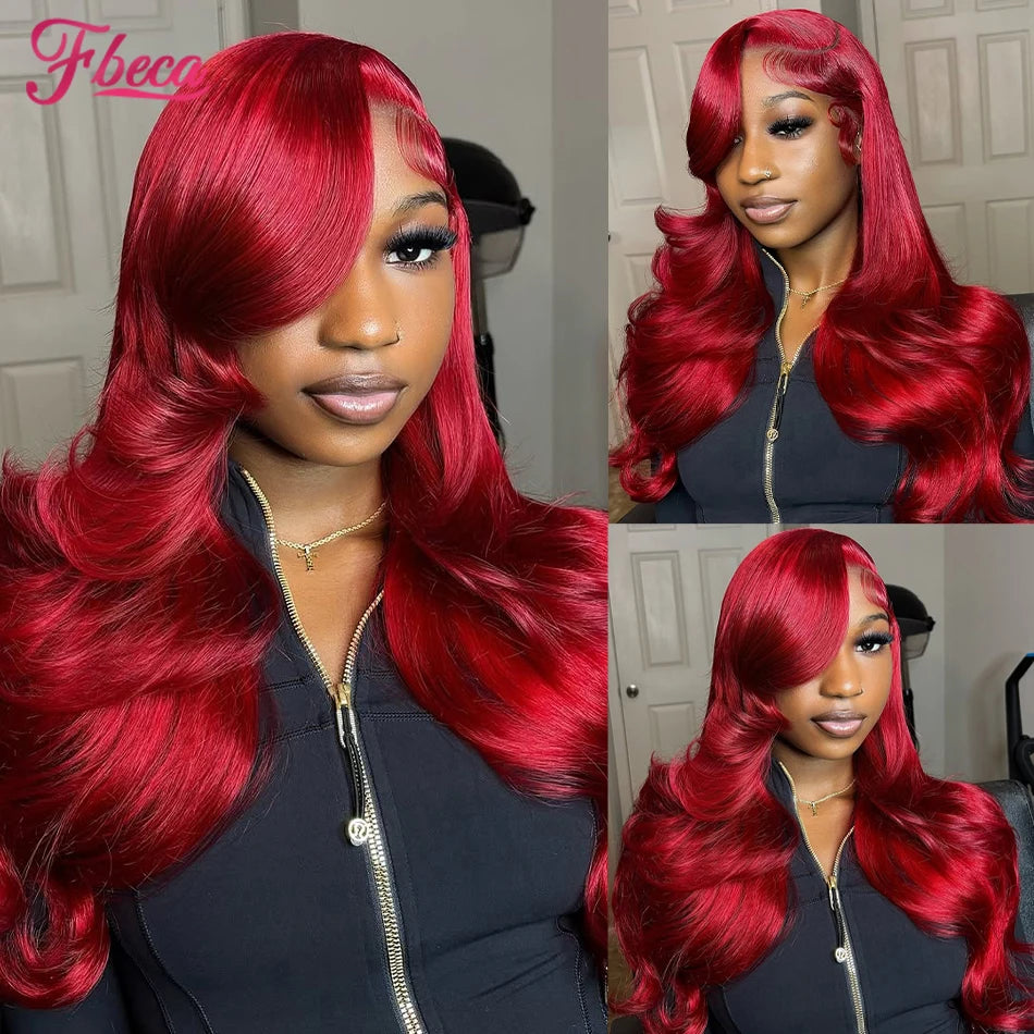 Perruque Lace Frontal Wig Body Wave de couleur rouge, cheveux naturels bordeaux, 13x4, 13x6, pre-plucked, pour femmes