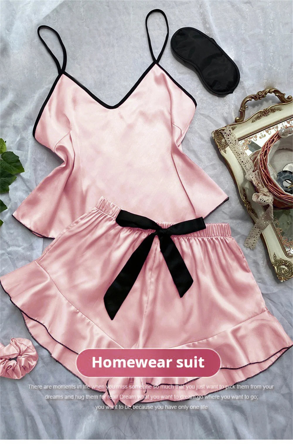 Pyjama en Satin lisse pour femmes, T-Shirt à col en v, bords à volants et short à nœud, ensemble pyjama Simple et respirant, vêtements de maison à bretelles