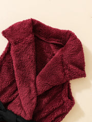 Gilet en velours d'agneau rouge vin pour enfants, haut à bande de fosse, mince, longue ceinture, costume simple amincissant, hiver, filles, 3 pièces