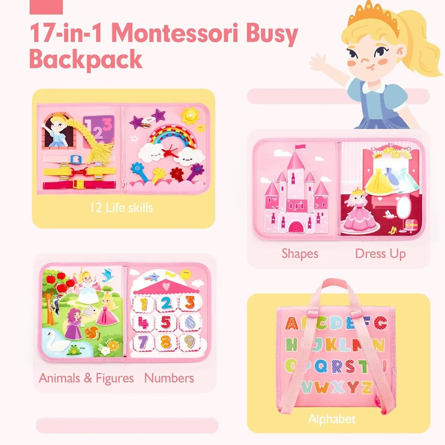 Jouets pour tout-petits, planche occupée, jouets Montessori, sac à dos occupé, activités d'apprentissage préscolaire, jouets pour enfants avec numéro, forme, habillage