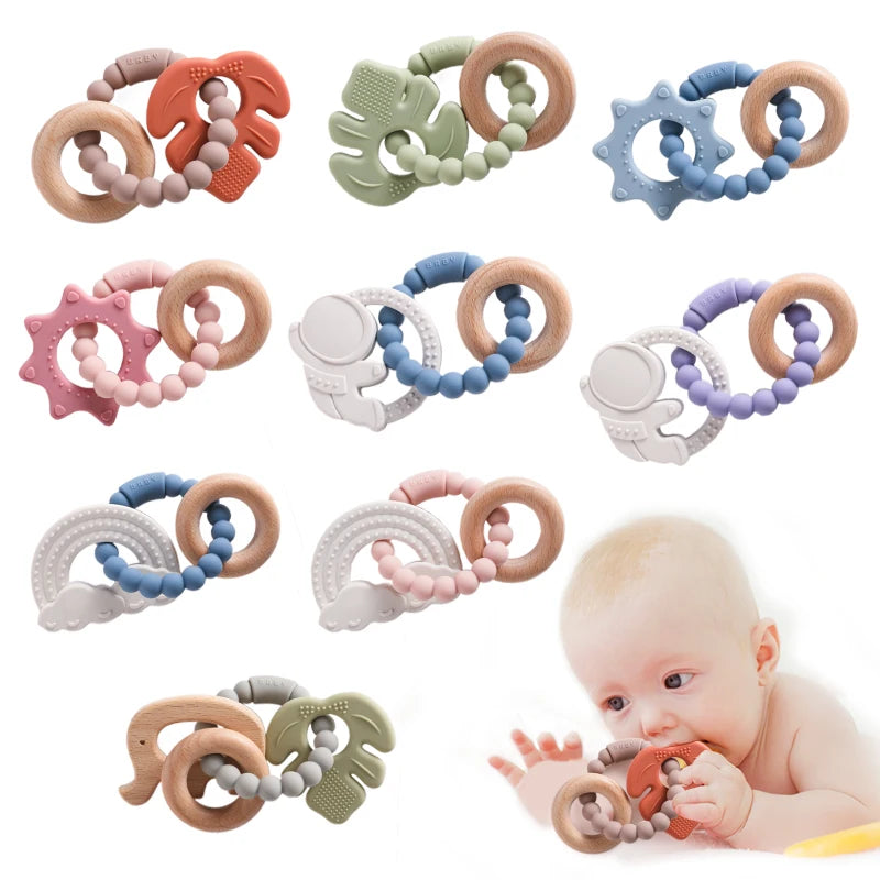 Anneau de dentition en Silicone pour bébé, 1 pièce, sans BPA, Bracelet en Silicone, feuille, jouets de dentition, anneau en bois, dent d'allaitement, jouets cadeaux pour nouveau-né