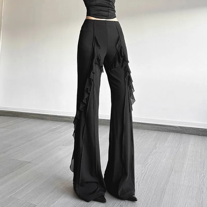 Women's high-waisted bootcut trousers, retro style, ruffled seams, with a sense of design, slimming trousers