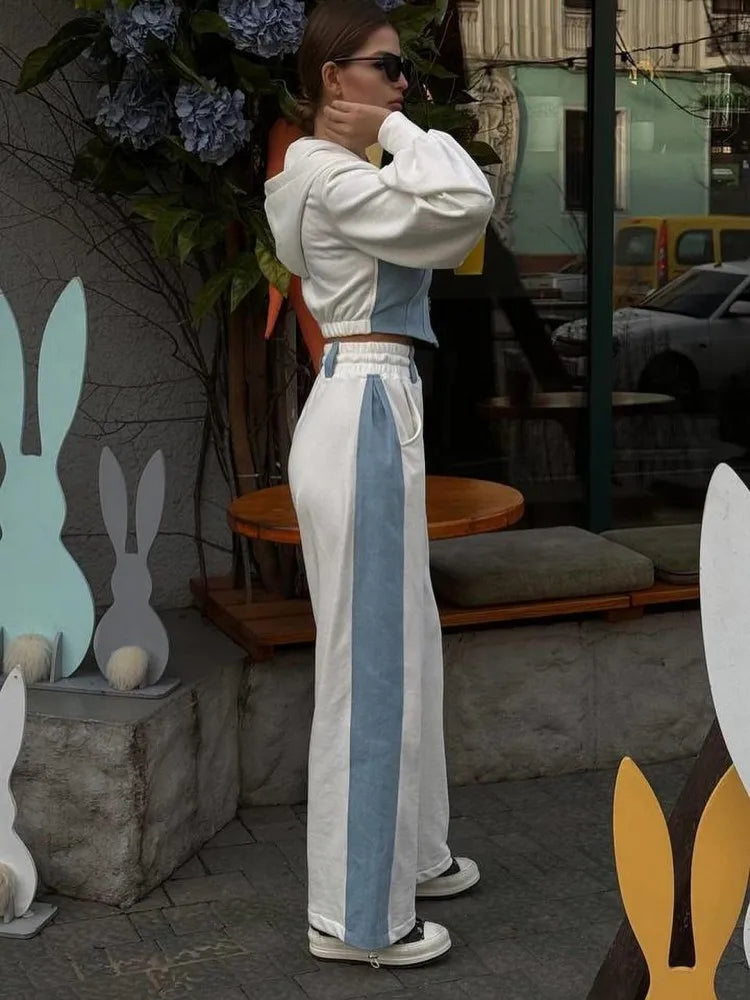 Mode Patchwork Denim 2 pièces ensembles femmes tenue mince sweats à capuche haut court jambe large pantalons de survêtement costume Streetwear survêtements de sport