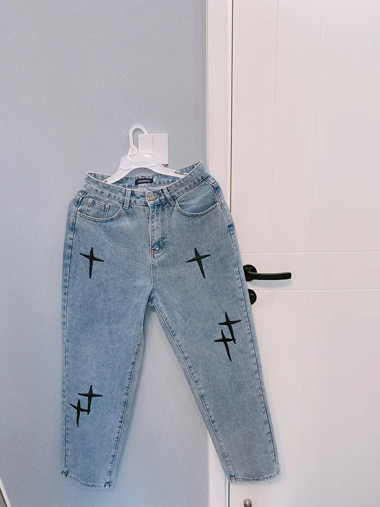 Men's printed jeans, streetwear, baggy, wide leg, Korean fashion, draped, straight, casual, loose fit, cargo pants, new 2023 collection