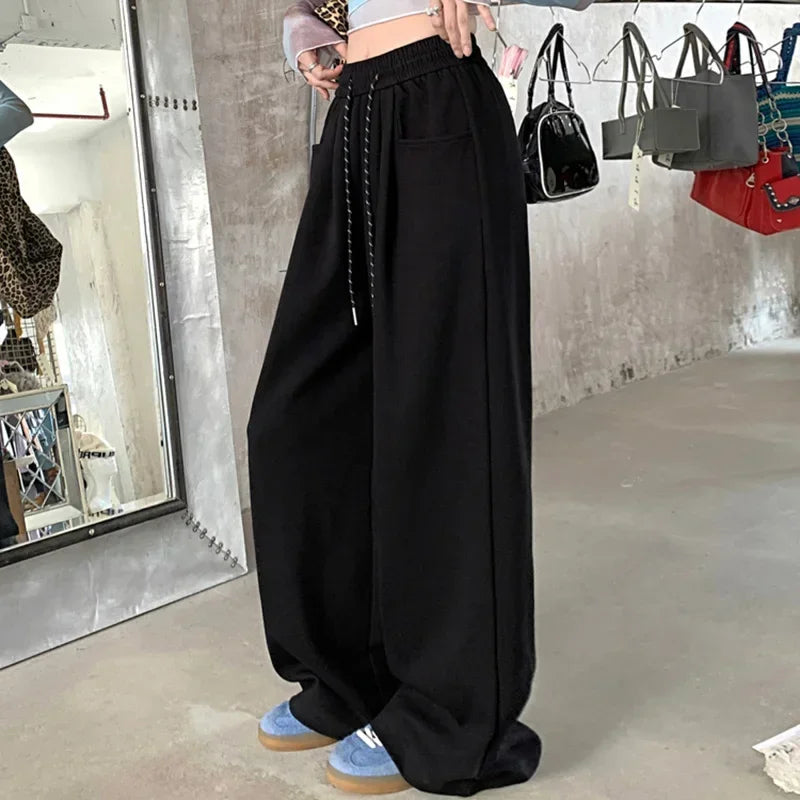 Women's High-Waisted Wide-Leg Pants, Chic, Grey, Navy Blue, Korean Style, Versatile, Drawstring, Wide Legs, Baggy, Autumn