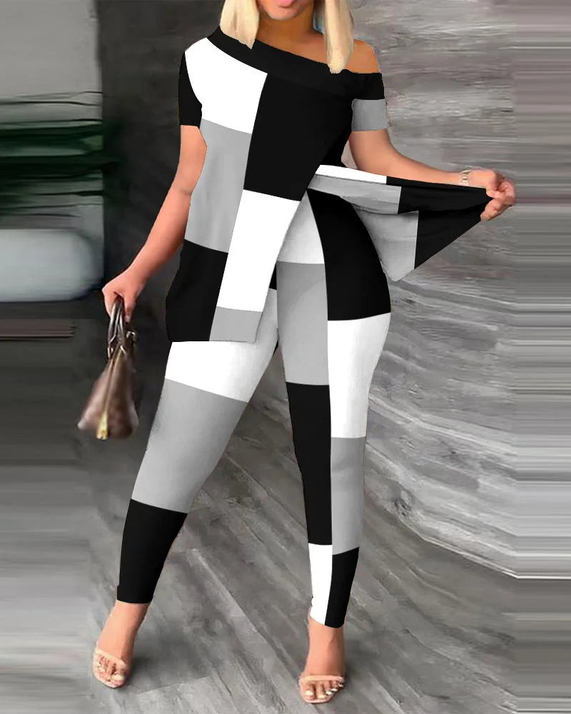 Women's Printed 2 Piece Set, Irregular Slanted Collar Split Top Short Sleeve Long Pants Colorful Outfit Fashion Women Pant Suit
