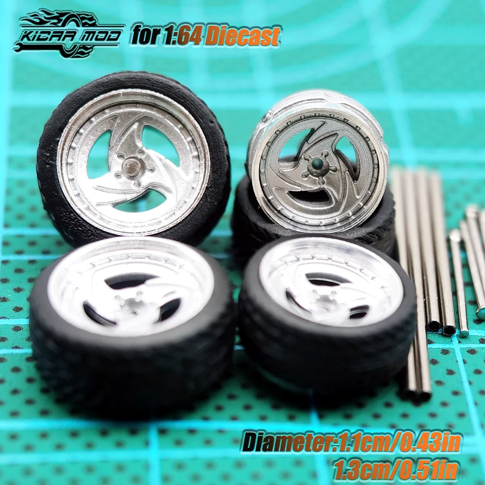 KicarHapp1/64-Jantes Métalliques ABS avec Caoutchouc pour Voiture Miniature, Pièces de Réaménagement Avant, Petite et Arrière