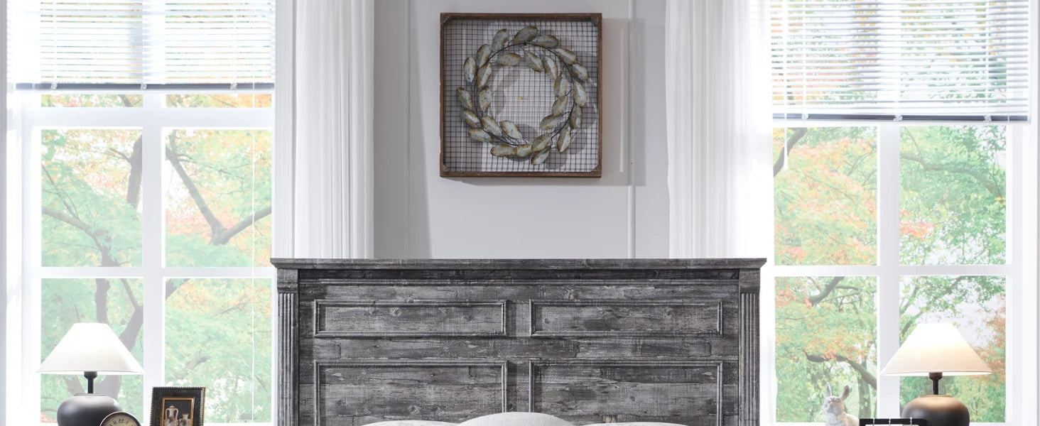 Cadre de lit queen size Farmhouse, avec tête de lit de 51 po de hauteur, cadre de lit en bois avec pied de lit de 20 po de hauteur et 2 grands tiroirs de rangement
