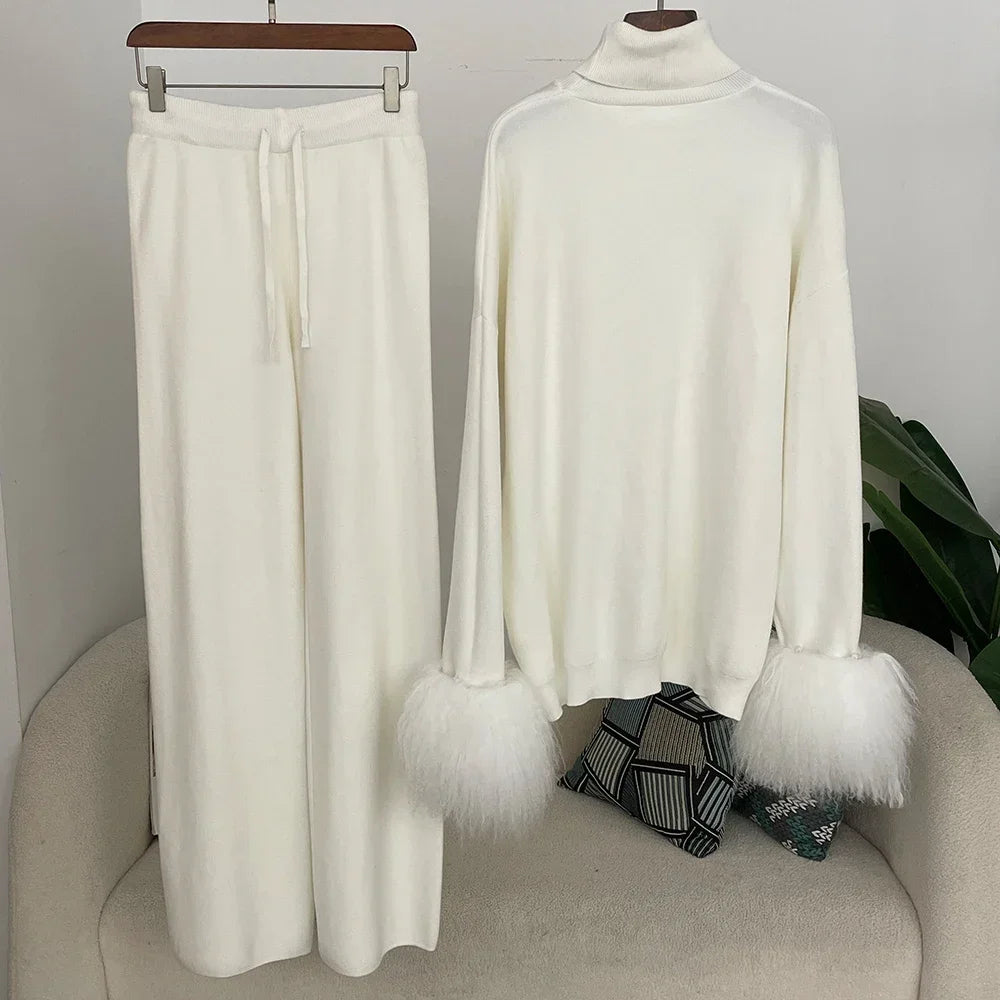 Ensemble pull et pantalon tricotés en laine et mélange pour femme, avec poignets en vraie fourrure de mouton mongole, costume tricoté de haute qualité 2025