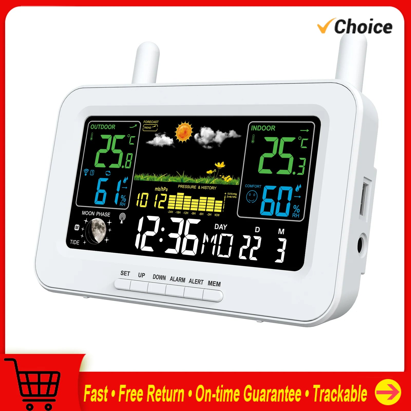Station Météo Intelligente avec Sortie USB, Thermomètres et Hygromètres, Température, Humidité, Horloge, Pression Atmosphérique