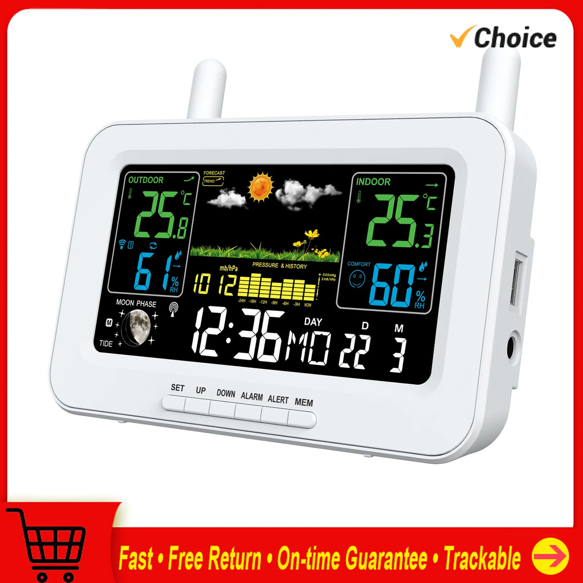 Station Météo Intelligente avec Sortie USB, Thermomètres et Hygromètres, Température, Humidité, Horloge, Pression Atmosphérique