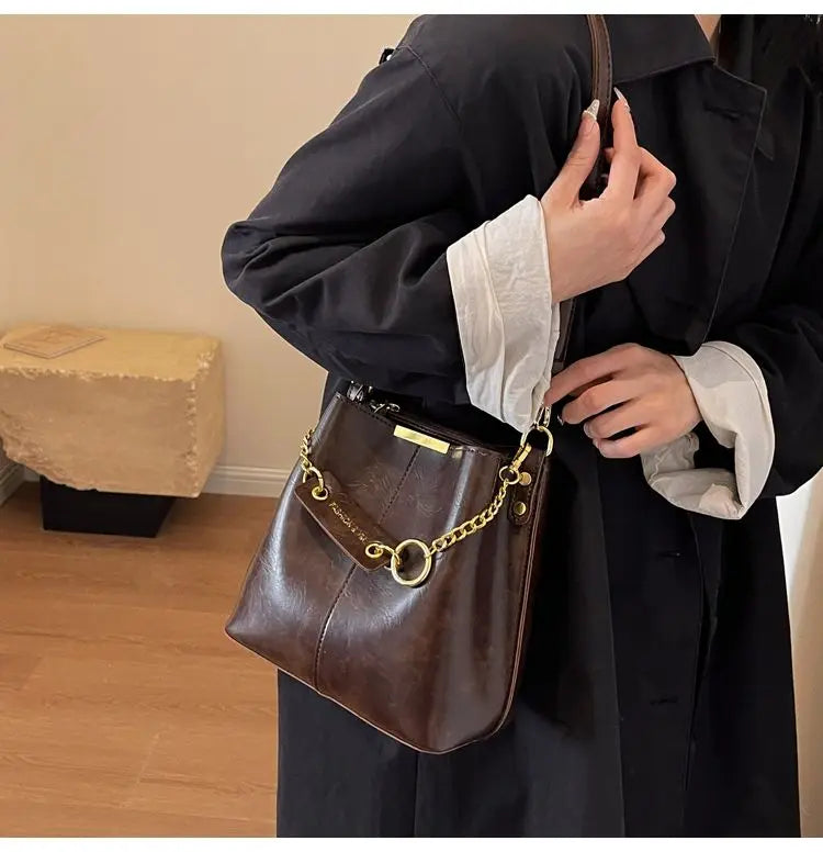 Women's PU leather chain bucket bag, Korean style handbag, shoulder bag, 2025 