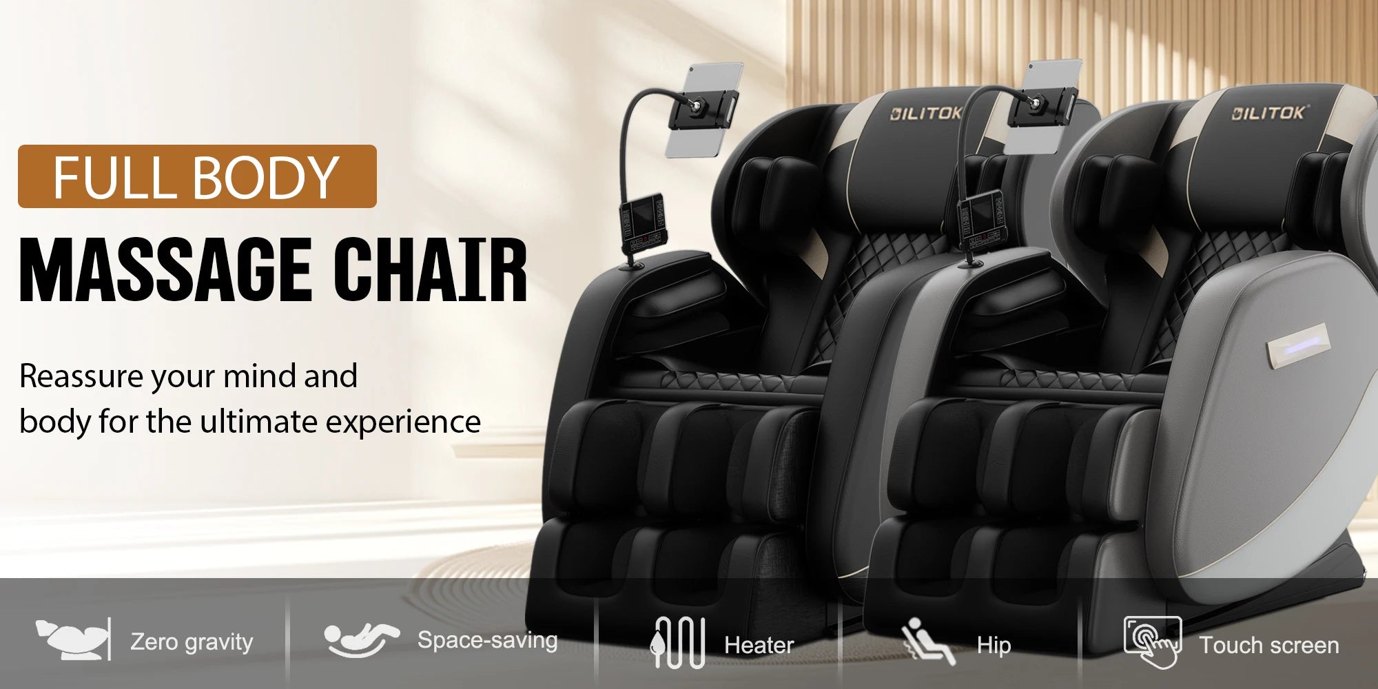 Fauteuil de massage complet Zero Gravity avec chauffage, airbags, rouleau pour les pieds et écran tactile – Supports jusqu'à 180 lb