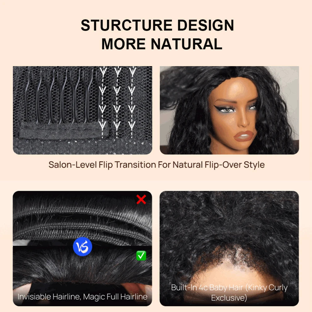 Demi-perruque cheveux humains crépus bouclés sans colle perruque cheveux humains prêt à porter 3 en 1 demi perruque avec cordon 250 densité bouclée demi-perruque