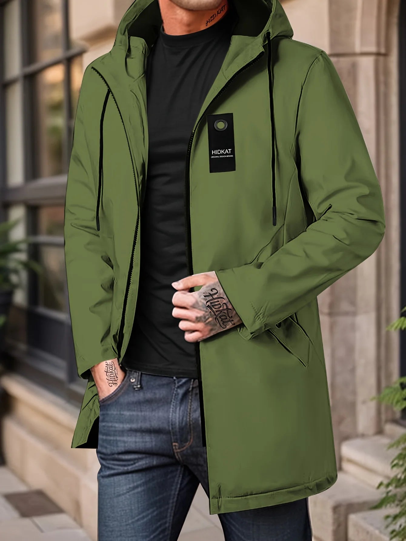 Men's fashionable casual jacket with hood and drawstring, solid color, suitable for spring and autumn casual wear