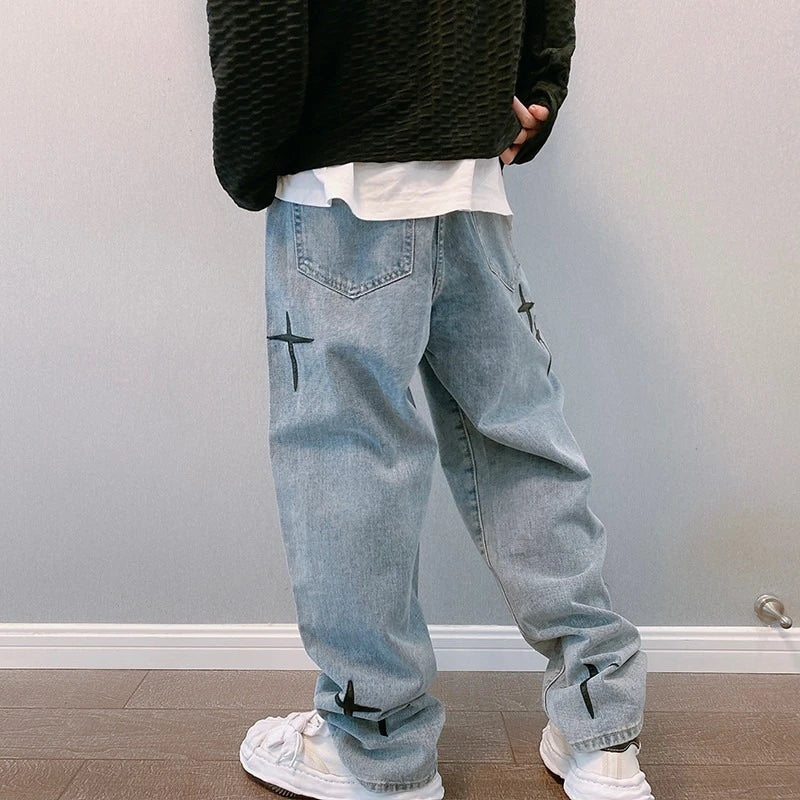 Men's printed jeans, streetwear, baggy, wide leg, Korean fashion, draped, straight, casual, loose fit, cargo pants, new 2023 collection