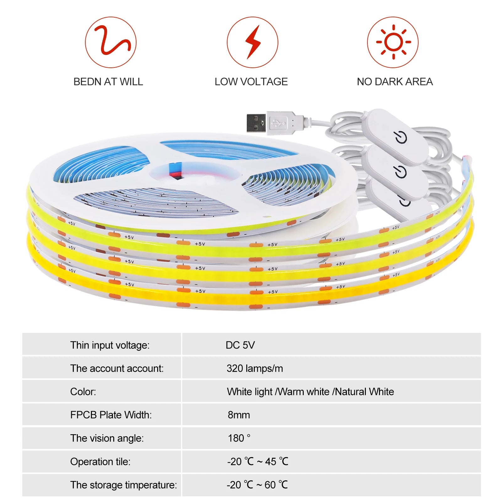 5V USB LED Strip Light, 320 LEDs/M COB, Dimmable Touch Sensor Switch/Push Switch, DIY, TV Mirror, Backlighting, Night Light for Room