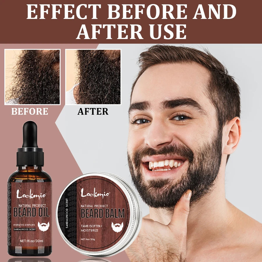 5-Piece/Set Sandalwood Beard Growth Kit, Scented Beard Balm, Moisturizing Oil, Styling Trimming, Conditioning Care for Men