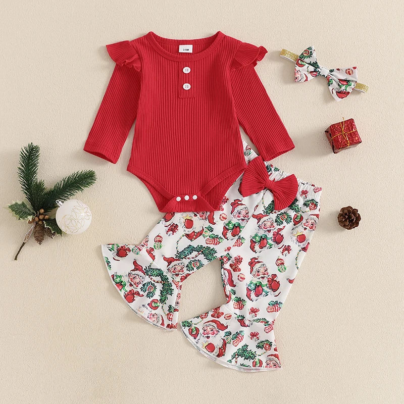 Ensemble pantalon de noël pour bébés filles, barboteuse côtelée à manches longues, imprimé père noël oiseau, pantalon évasé, bandeau