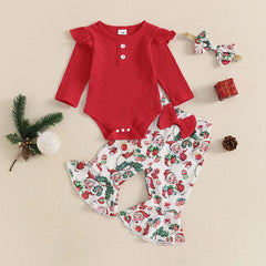 Ensemble pantalon de noël pour bébés filles, barboteuse côtelée à manches longues, imprimé père noël oiseau, pantalon évasé, bandeau