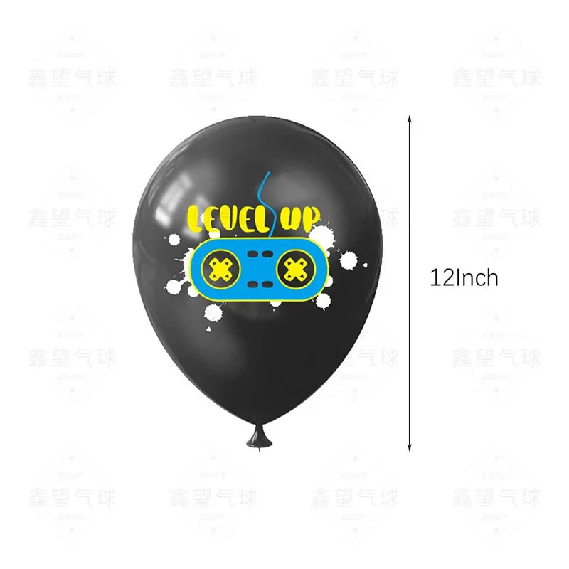 Blue game on balloons, video game controller themed latex balloon, Happy Boys game, children's birthday party favors, Gamer level up balloon