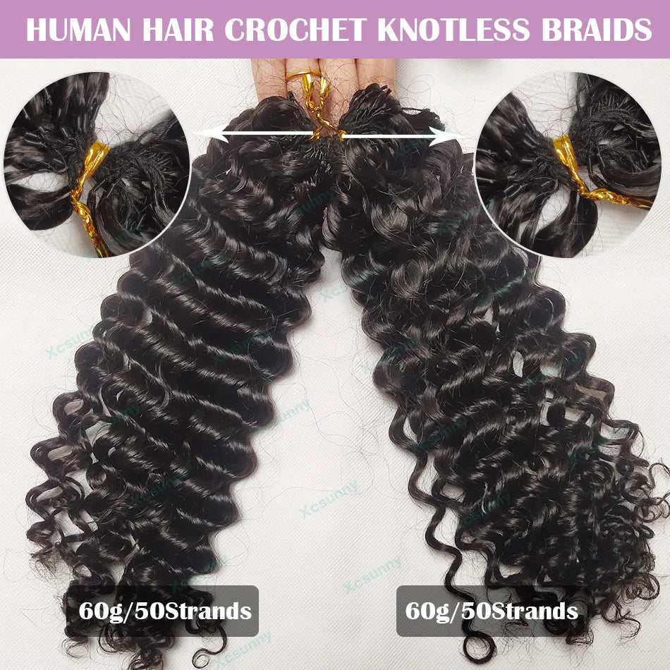 Crochet curly human hair extensions, knotless, pre-parted, feathery, human hair, water wave, invisible knot with string