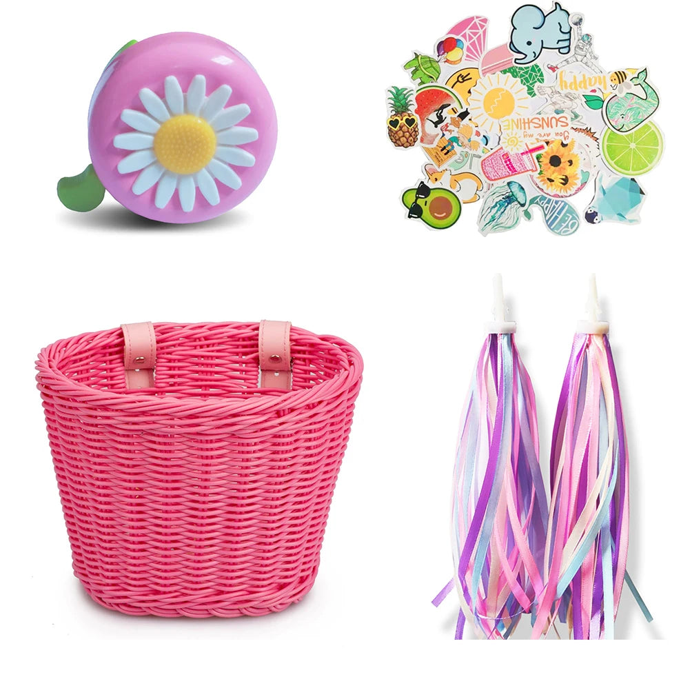 Mir de vélo en rotin tissé à la main pour enfants, ensemble de cloche, pompon, autocollants, guidon avant, accessoires de vélo