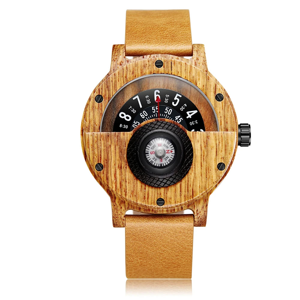 Montre en bois naturel pour hommes, Table rotative, cadran boussole, véritable bois de noyer, ébène, bambou, Concept marron, montre à Quartz