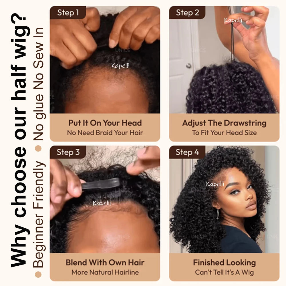 Demi-perruque cheveux humains crépus bouclés sans colle perruque cheveux humains prêt à porter 3 en 1 demi perruque avec cordon 250 densité bouclée demi-perruque