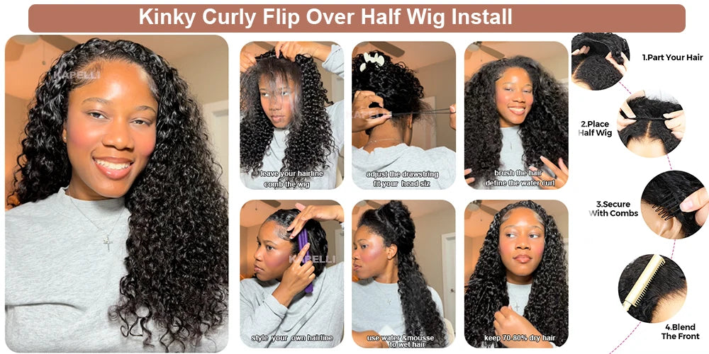 Demi-perruque cheveux humains crépus bouclés sans colle perruque cheveux humains prêt à porter 3 en 1 demi perruque avec cordon 250 densité bouclée demi-perruque