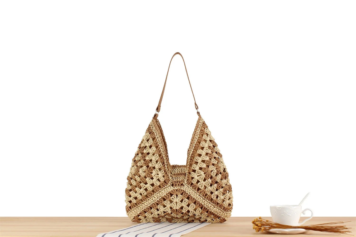 Sac à main d'été bohème tressé, fourre-tout décontracté, sac de plage en paille creuse, sac initié tissé, sac de voyage en raphia et rotin