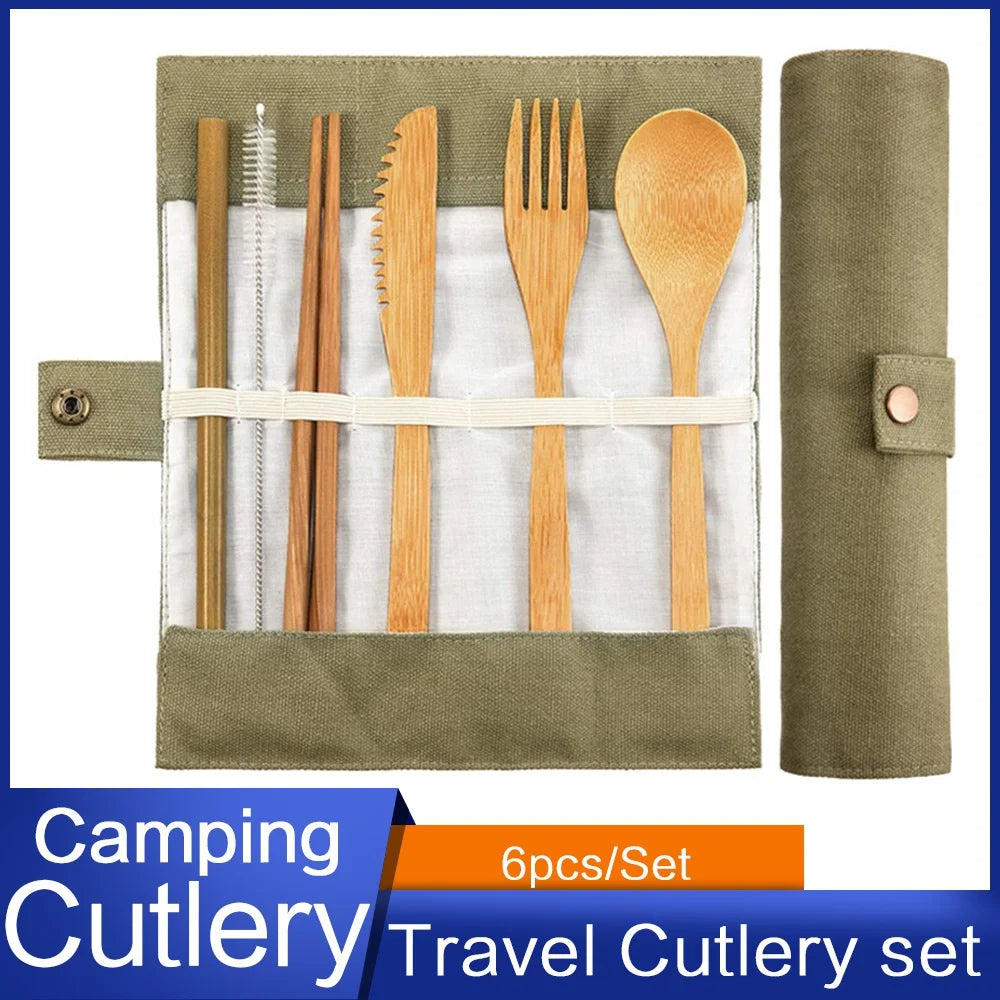 Vaisselle de voyage en bambou, ensemble de couverts en bambou réutilisables avec étui de transport, vaisselle Portable en bois, brosse à dents au charbon de bambou