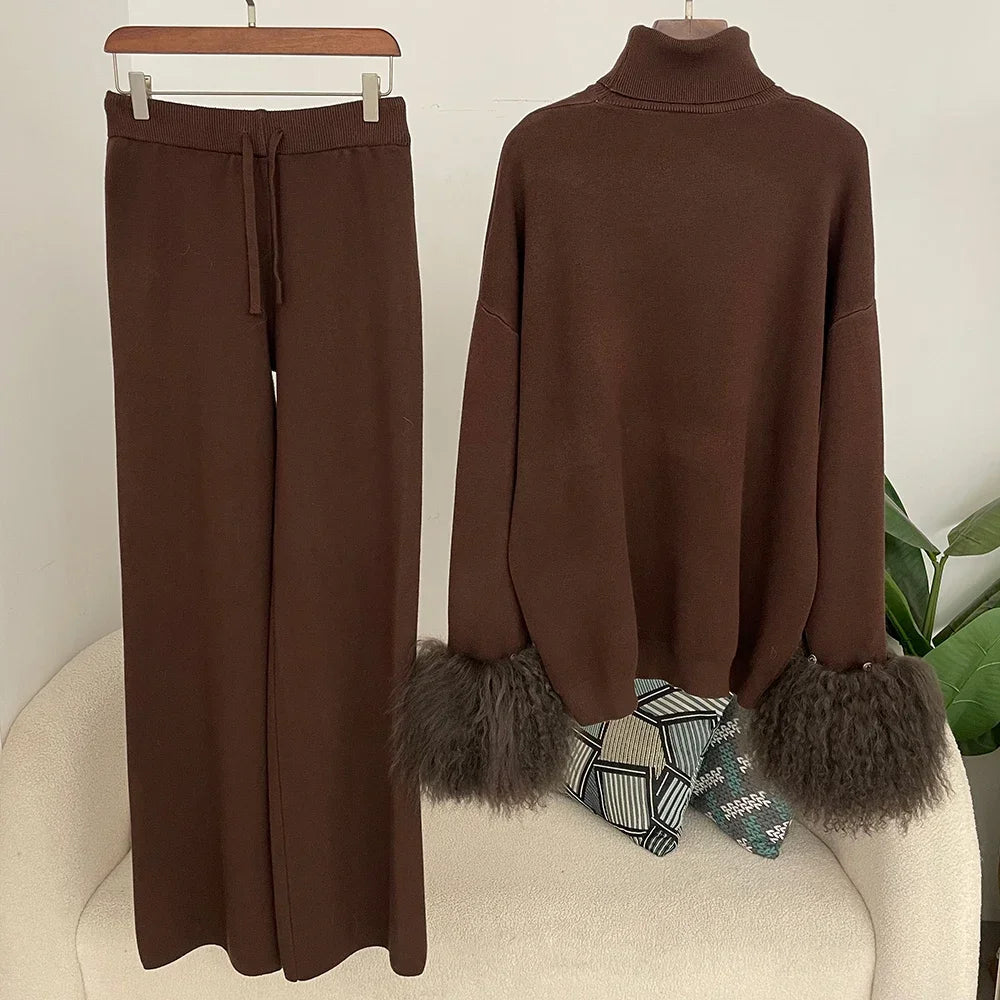 Ensemble pull et pantalon tricotés en laine et mélange pour femme, avec poignets en vraie fourrure de mouton mongole, costume tricoté de haute qualité 2025