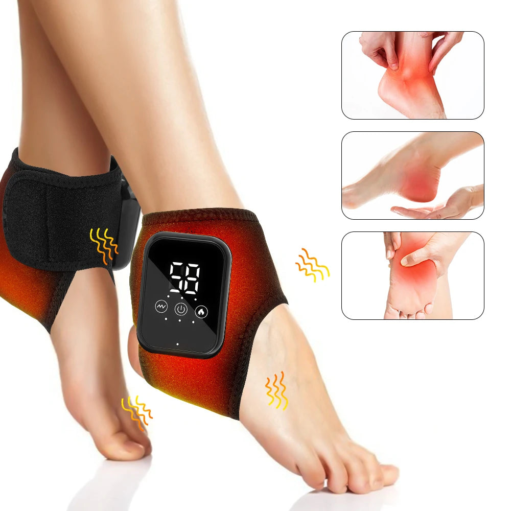 Electric ankle protector with 3 heating levels, hot compress, vibration massage, cordless foot massager, ankle joint protection, and heating strap.