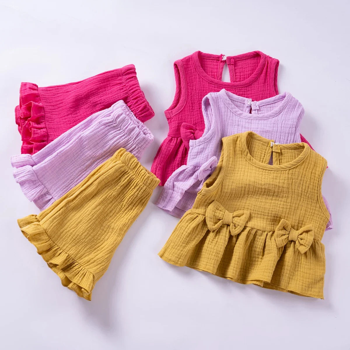 Costumes en mousseline de coton pour petites filles, couleur unie, gilet + short, ensemble de vêtements 2 pièces, sans manches, mignons et décontractés, tenues pour bébés filles