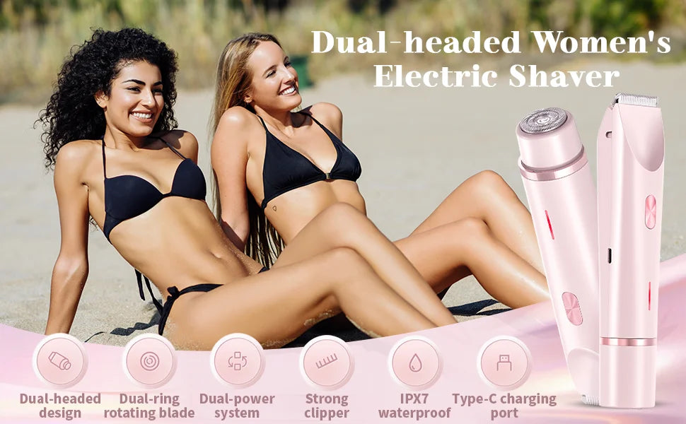 Electric shaver for women, waterproof shaver for wet and dry hair, 2-in-1 double head, double bikini trimmer, hair clipper, detachable head
