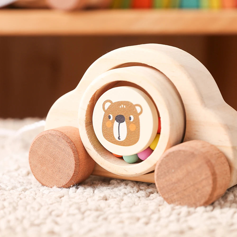 Jouets Montessori en bois pour bébé, 1 pièce, anneau de dentition de Bus de dessin animé, ours en bois de hêtre, voiture pour enfants, jouets éducatifs Montessori, cadeau