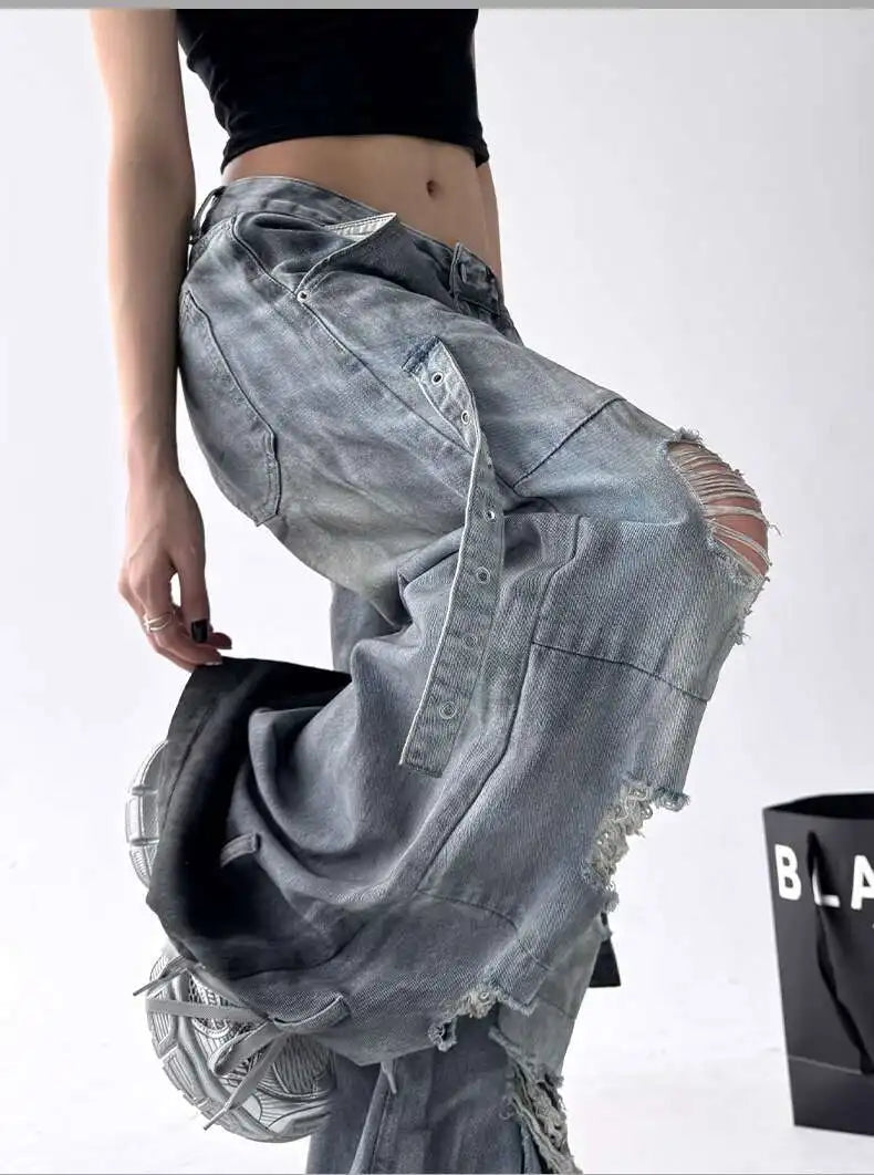 Femmes jean pantalon américain haute rue déchiré droit jambe large jean pour femmes conception cravate-teinture Jazz danse Cargo pleine mince jean