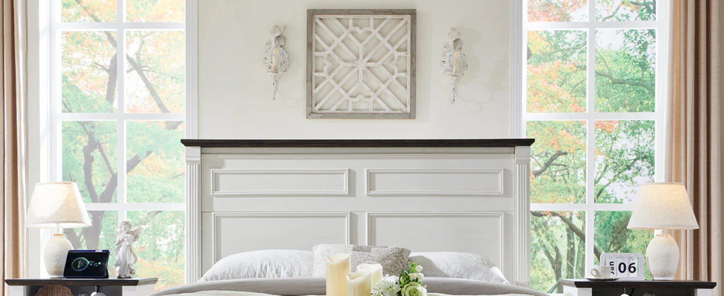 Cadre de lit queen size Farmhouse, avec tête de lit de 51 po de hauteur, cadre de lit en bois avec pied de lit de 20 po de hauteur et 2 grands tiroirs de rangement