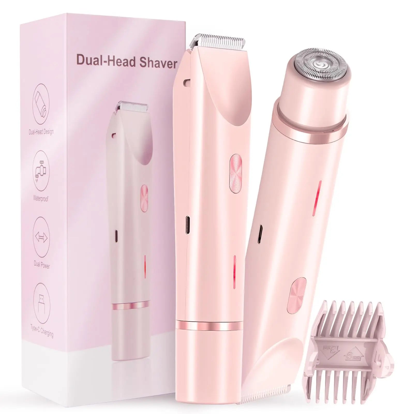Electric shaver for women, waterproof shaver for wet and dry hair, 2-in-1 double head, double bikini trimmer, hair clipper, detachable head